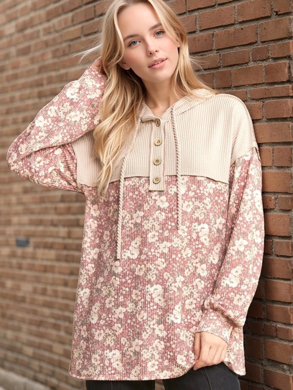Floral Knit Pullover Hoodie in Dusty Rose